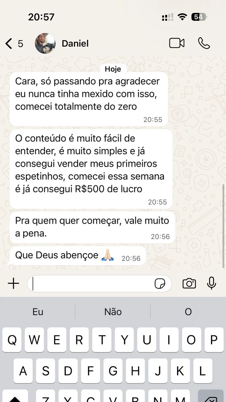 Print de WhatsApp: aluno começou do zero e lucrou R$ 500 na primeira semana