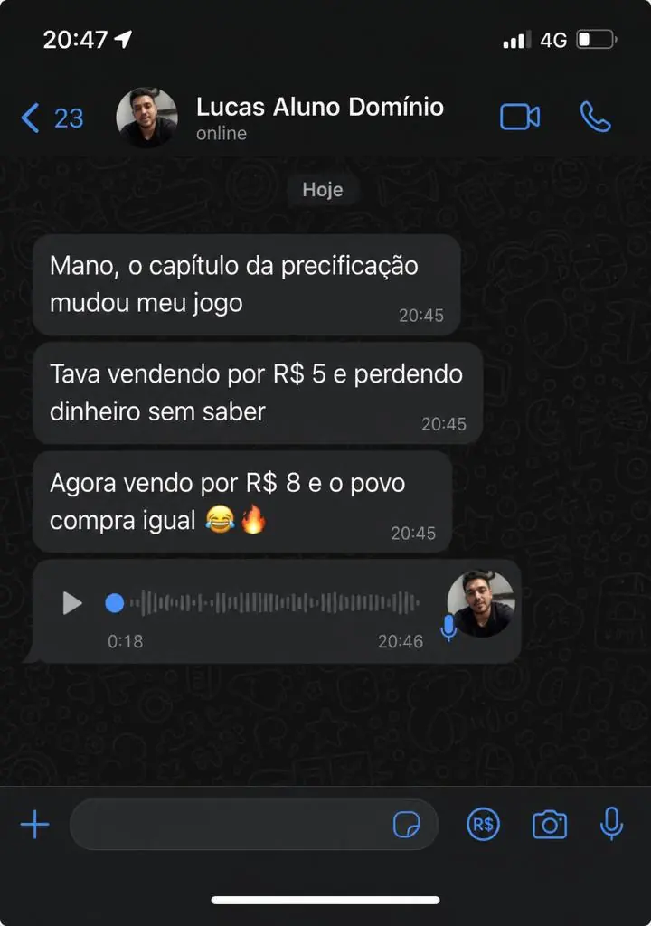 Print de WhatsApp: aluno corrigiu precificação após o eBook